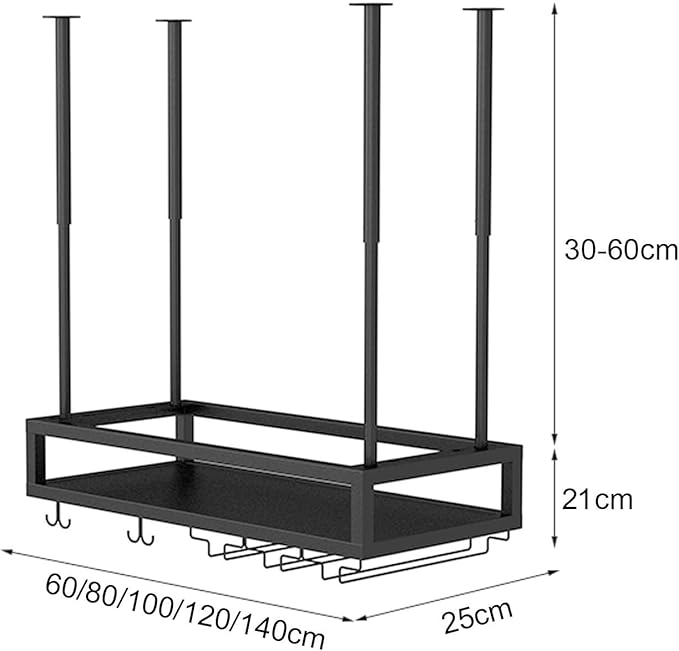 Hanging Black Wine Glass Holder Metal Wine Bottle Rack for Kitchen Bar Upside Down Stemware nizer Under Cabinet 60 x 25 x 21 cm - Stylish Ceiling Storage Solution - Image 3
