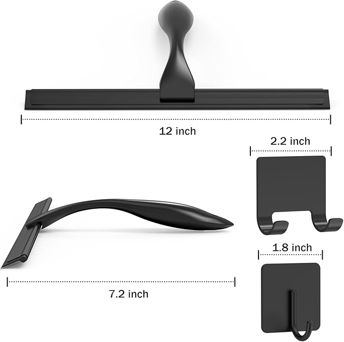 All-Purpose Stainless Steel Shower Squeegee for Shower Doors with 2 Adhesive Hooks, Bathroom Cleaner Tool Household Window Mirror Squeegee for Home Cleaning, Glass Door, Tile Wall, Car, 12 Inch Black - Image 2