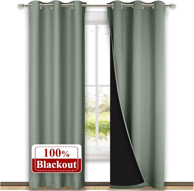 NICETOWN Greyish Green Blackout Curtains 80 inches Long, Full Light Blocking Drapes with Black Liner for Nursery, Thermal Insulated Draperies for Hall, Villa (2 Pieces, 42" Wide Each Panel) by NICETOWN