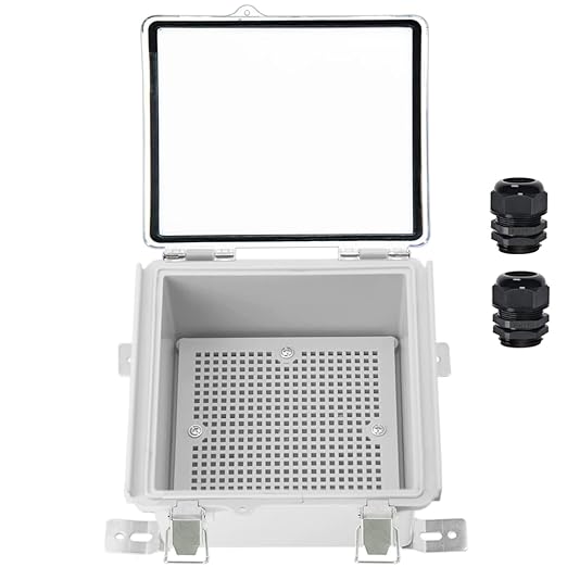 Zulkit Junction Box IP67 Waterproof Electrical Box Hinged Clear Cover Stainless Steel Latch Plastic Enclosure for Project w Mounting Plate Wall Bracket and 2 Cable Gland 5.9"x5.9"x3.5"/150x150x90mm by Zulkit