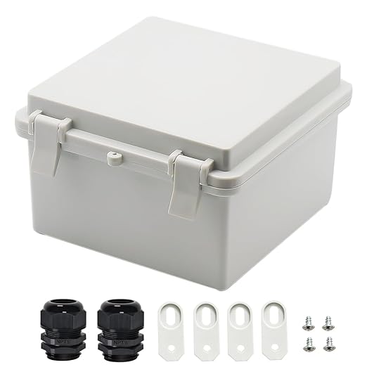 Zulkit Junction Box ABS Plastic Dustproof Waterproof IP65 Electrical Boxes Hinged Shell Outdoor Universal Project Enclosure with 2 Cable Glands 5.9 x 5.9 x 3.5 inch (150x150x90 mm) by Zulkit