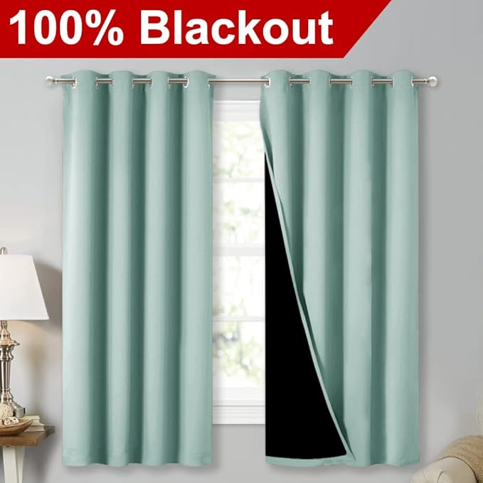 NICETOWN Aqua Blue 100% Blackout Lined Curtains, 2 Thick Layers Completely Blackout Window Treatment Thermal Insulated Drapes for Kitchen/Bedroom (1 Pair, 52" Width x 63" Length Each Panel) - Image 2