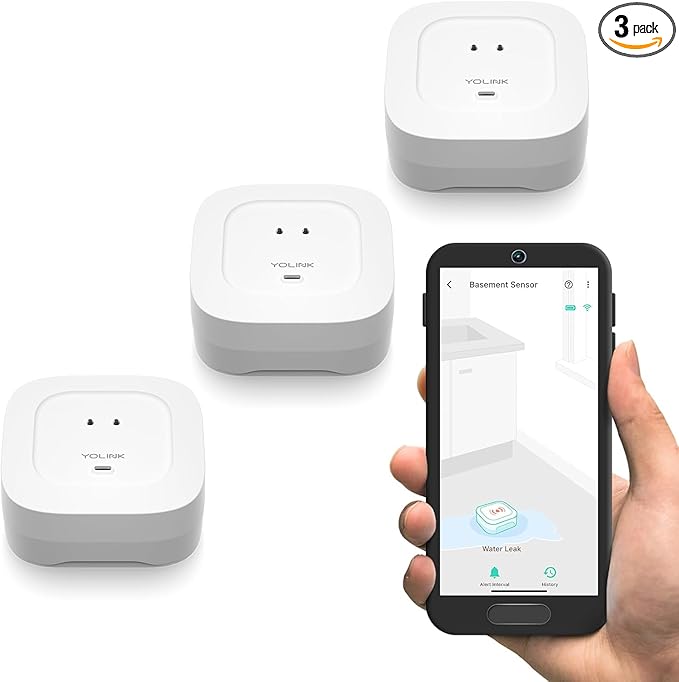 Water Leak Sensor 4 with 105dB Audio Alarm 3-Pack, SMS/Text, Email & Push Notifications, Freeze Warning, LoRa Up to 1/4 Mile Open-Air Range, w/Alexa, IFTTT, Hub Required! by YoLink