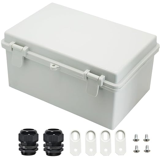 Zulkit Junction Box ABS Plastic Dustproof Waterproof IP65 Electrical Boxes Hinged Shell Outdoor Universal Project Enclosure with 2 Cable Glands 11.42 x 7.48 x 5.51 Inch (290x190x140mm) by Zulkit