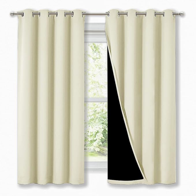 NICETOWN Cold Blocking Curtains, Bedroom Full Blackout Panels, Super Thick Insulated Window Covers, Complete Blackout Draperies with Black Liner for Short Window (Beige, Set of 2, 52 by 63-inch) by NICETOWN