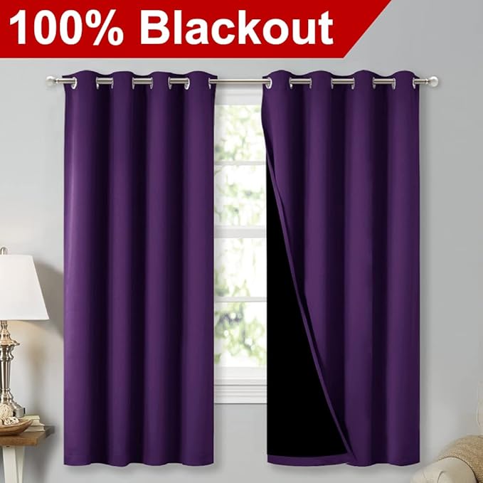 NICETOWN Extra Long Truly Blackout Drapes for Hall and Villa, 46-inch Width Each Panel, 45-inch Length, Royal Purple, 2 Pieces, 100% Blackout Window Curtains with Black Lined for Night Shift Worker - Image 2