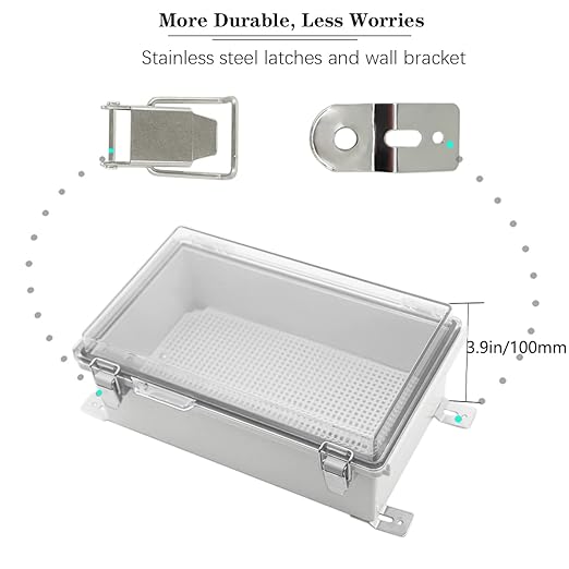 Zulkit Junction Box,IP67 Waterproof Electrical Box Hinged Clear Cover Stainless Steel Buckle Plastic Enclosure for Project w Mounting Plate Wall Bracket and 2 Cable Gland 10.2 x 6.3 x 3.9 Inch - Image 2