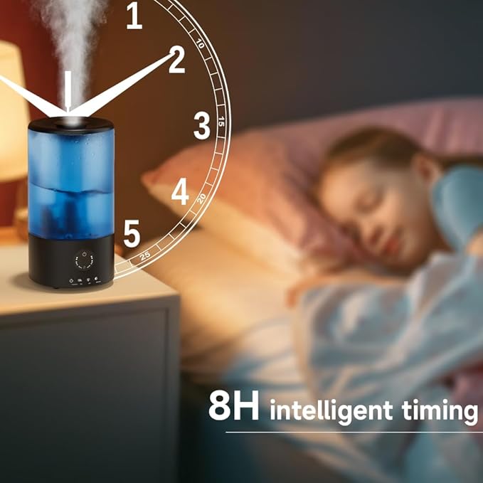 Humidifiers for Bedroom, 3.2L Quiet Ultrasonic Cool Mist Humidifier with 360° Nozzle, 18H Runtime, Timer (1/2/4/8H), Auto Shut-Off, 7-Color RGB Light, Adjustable Mist, for Home, Nursery & Plants - Image 8
