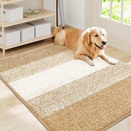 Smiry Dog Door Mat for Muddy Paws, Absorbs Moisture and Dirt, Low-Profile Entryway Mat with Non-Slip Backing, Entry Indoor Outdoor Doormat for Inside Floor (40x32 Inches, Beige, Striped) by Smiry