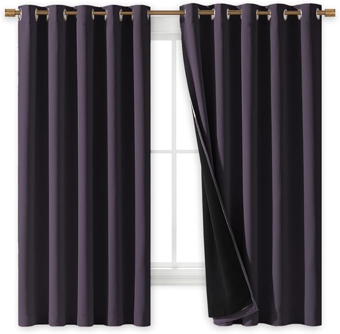 NICETOWN 100% Blackout Lined Curtains, Greyish Purple, 1 Pair, 70" Width x 63" Length Each Panel, 2 Thick Layers Completely Blackout Window Treatment Thermal Insulated Drapes for Kitchen/Bedroom - Image 2