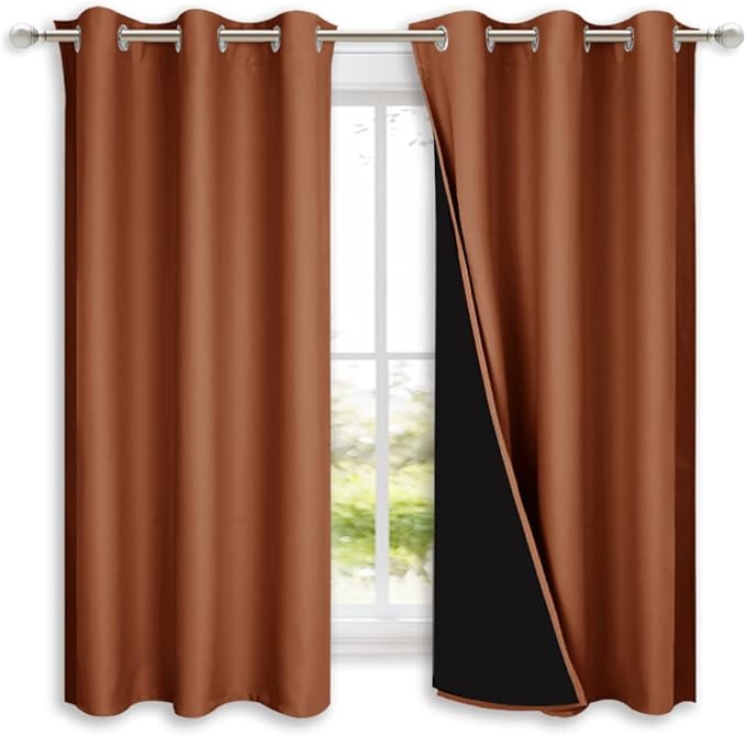 NICETOWN 100% Blackout Short Curtains with Black Liners, 2 Panels, 37" W by 60" L, Burnt Orange, Solid Thermal Insulated Full Blackout 2-Layer Lined Drapes, Energy Efficiency Window Drapes for Bedroom by NICETOWN