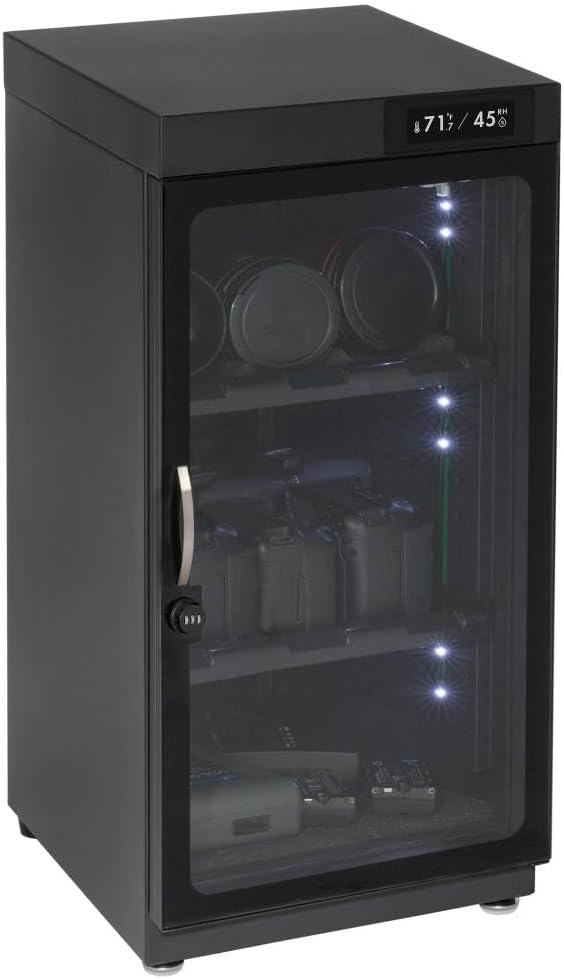 50LT Electronic Dry Cabinet for Camera, Lens & Electronics – Silent Dehumidifying Storage, Touchscreen Humidity Control (60‑35% RH), 2 Adjustable Shelves, LED Light, Lock, Energy Saving by Unknown