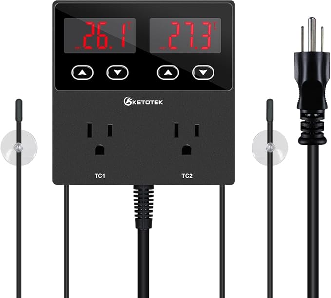 KETOTEK KT99pro Dual Digital Temperature Controller Outlet 10A Relay Heating Coolling Thermostat Controlled Socket with Sensor for Reptile Brewing Fermentation Breeding Incubation Greenhouse by KETOTEK