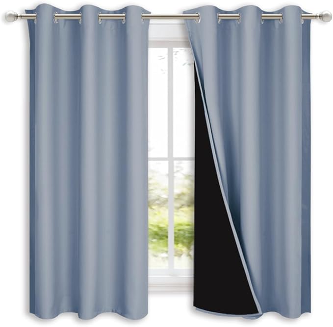 NICETOWN 100% Blackout Short Curtains with Black Liners, 2 Panels, 37" W by 50" L, Vintage Blue, Solid Thermal Insulated Full Blackout 2-Layer Lined Drapes, Energy Efficiency Window Drapes for Bedroom by NICETOWN