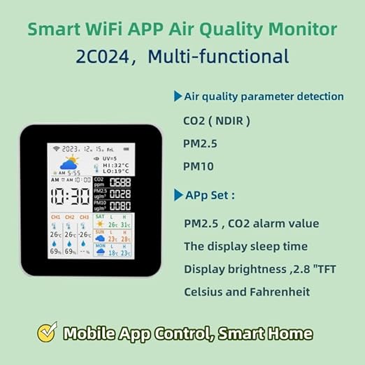 WiFi Air Quality Monitor CO2(NDIR PM2.5 PM10, Weather Station with 3-Day Forecast,Wireless Indoor Outdoor Thermometer Alarm with 3 Sensors, Water Thermometer, Aquarium, Refrigerator. Phone APP 2CO24 - Image 3