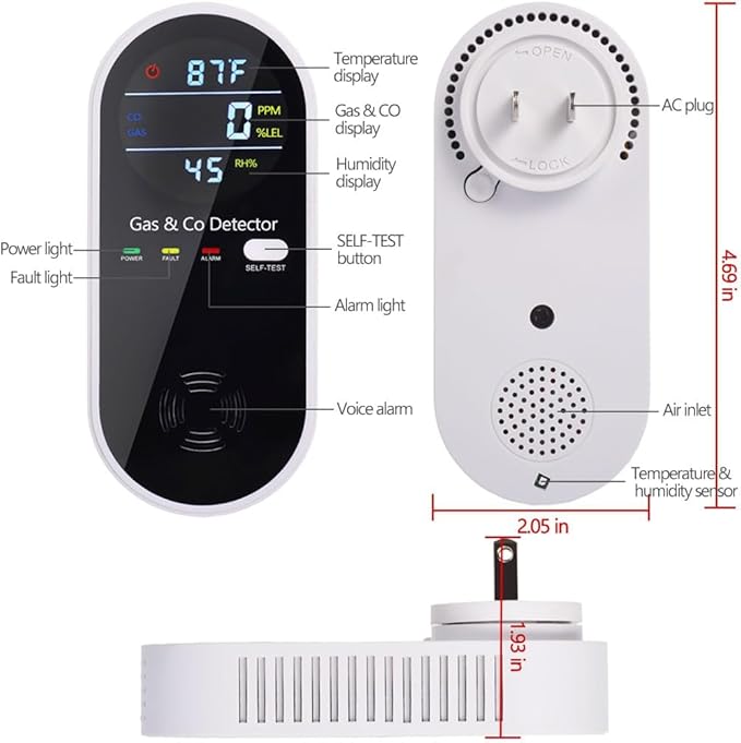 Plug in Combination Gas & Carbon Monoxide Detectors with Temperature and Humidity Display- Natural Gas Detectors & Carbon Monoxide Alarm for Home, Kitchen (2 Packs) - Image 2