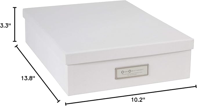 Bigso Oskar Fiberboard Label Frame Document Letter Box - File Organizer Box for Important Paperwork - Durable Document Storage with a Lid & Metal Label Window - 3.3 in x 10.2 in x 13.8 in - White - Image 7