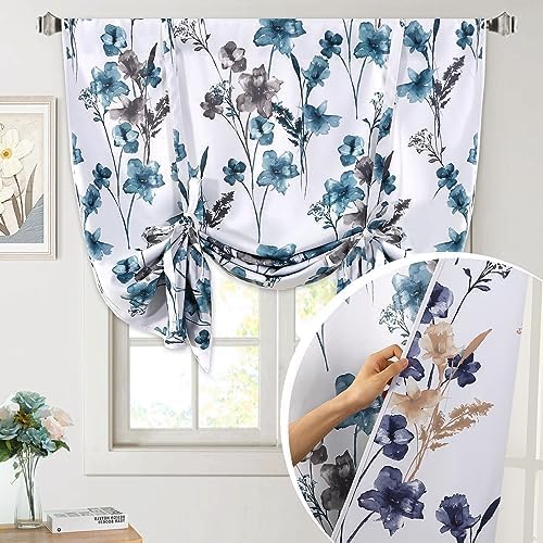 H.VERSAILTEX Double Sided Floral Pattern Printed Tie Up Curtains Thermal Insulated Blackout Short Curtain Bathroom Curtain Rod Pocket Panel - Reversible in Blue/Navy, 42 inches W x 63 inches L by HVERSAILTEX
