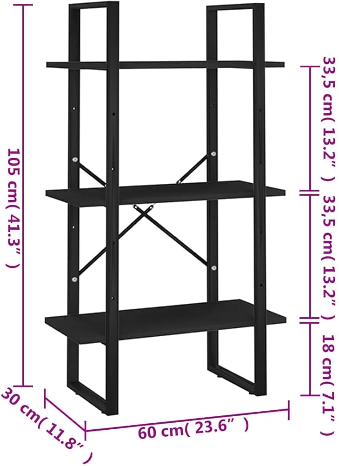 Black Metal Storage Shelf 11.8 x 23.6 x 41.3 in Matte Engineered Wood Bookcase with Industrial Design for Living Room Bedroom Office - Image 2
