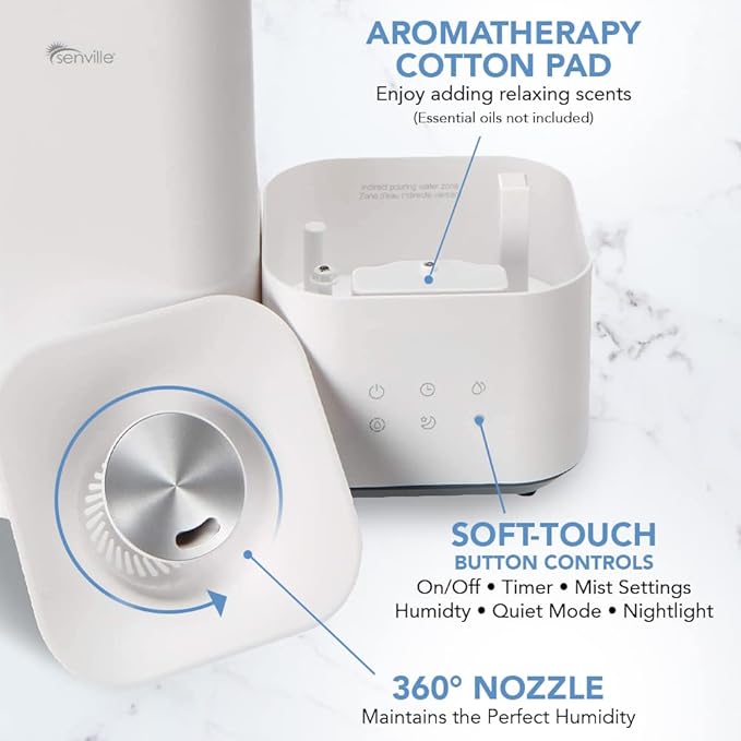 Senville 5L Top-Fill Humidifier for Home, Large Capacity Cool Mist Humidifier, Ultrasonic, With Essential Oil Diffuser for Aromatherapy White - Image 2