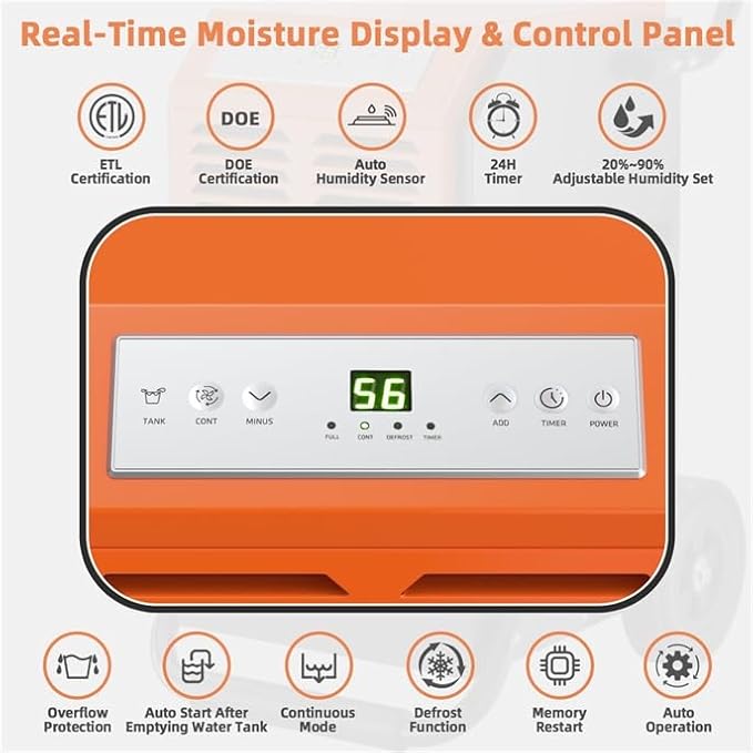 ARLIME 140 Pints Dehumidifier w/Handles & Wheels & Intelligent Humidity Control, 24H Timer, 1.45 Gallon Water Tank Dehumidifier for Home Bedroom, Bathroom, Office, Large Rooms, Up to 4000 Sq.Ft - Image 5