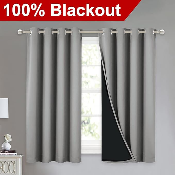 NICETOWN 100% Blackout Curtains with Black Liners, Thermal Insulated Full Blackout 2-Layer Drapes, Noise Cancellation Window Draperies for Dining Room (Silver Grey, 2 Panels, 52-inch W by 54-inch L) - Image 2
