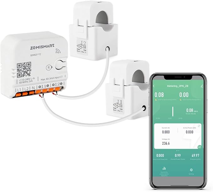 Smart Home Energy Monitor with 2 x 120A CTs, Live Electricity Usage Tracking, Supports Single-Phase 3-Wire System, Works with Home Assistant & Zigbee2MQTT (Zigbee Version) by Blindsmart