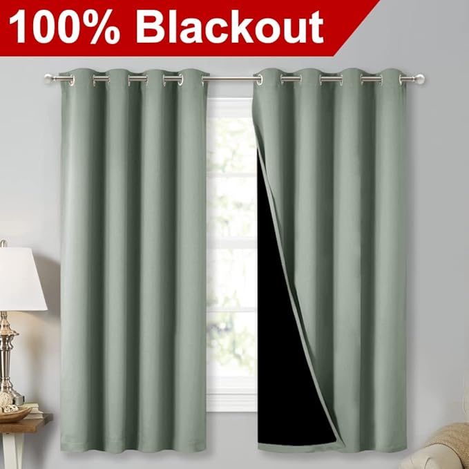 NICETOWN Extra Long Truly Blackout Drapes for Hall and Villa, 46-inch Width Each Panel, 45-inch Length, Greyish Green, 2 Pieces, 100% Blackout Window Curtains with Black Lined for Night Shift Worker - Image 2