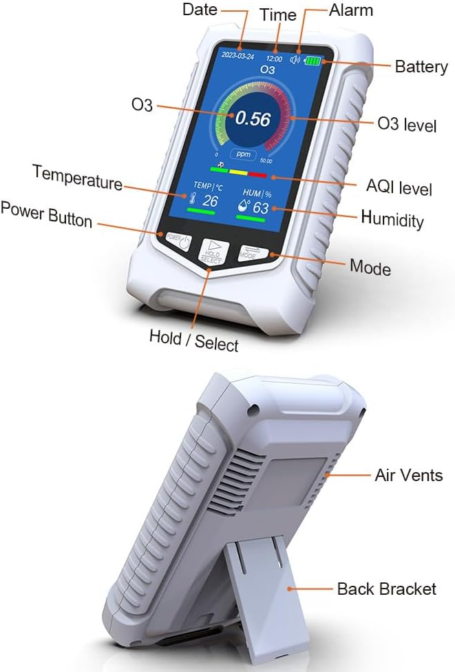 Portable O3 Meter Ozone Detector 3.5 Inch TFT Multifunction Air Quality Monitor for Air Quality Temperature Humidity Detection, Handheld Ozone Meter Tester for Home Office Use - Image 3