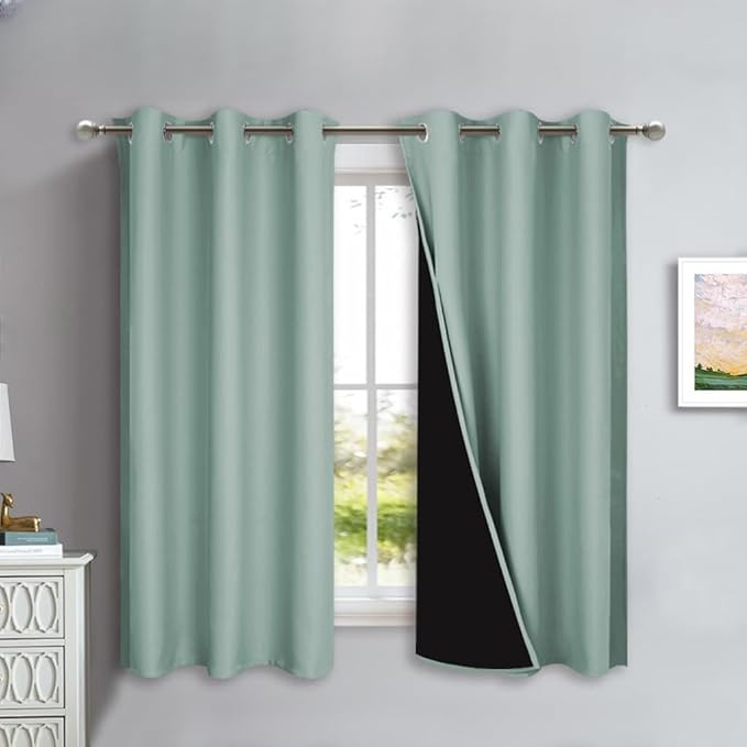 NICETOWN 100% Blackout Lined Curtains, Seafoam Green, 1 Pair, 42" Width x 63" Length Each Panel, 2 Thick Layers Completely Blackout Window Treatment Panels Thermal Insulated Drapes for Kitchen by NICETOWN