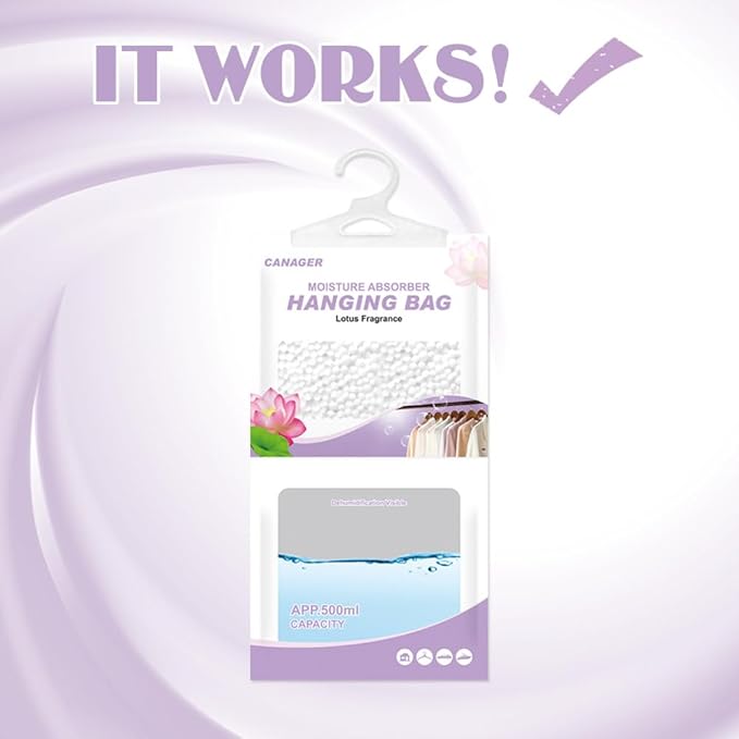 CANAGER Hanging Moisture Absorber, Lotus Fragrance Moistureproof Hanging Bag, Dehumidifier Bag (8 packs) Hanging Closet Dehumidifier Bags, Moisture Absorb 12.5 oz. - Image 4