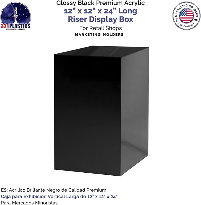 Marketing Holders Acrylic Display Riser Plinth Tall Glossy Black 5 Sided Pedestal Stand 12” x 12” x 24” Throne Platform Lucite Riser Models Memorabilia Socle TradeShows Expos - Image 4