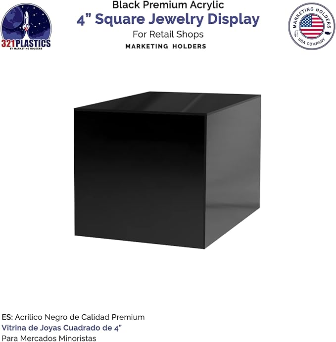 4 Pack 4" Acrylic Display Riser Box with One Open Side No Assembly Versatile Glossy Black Square Retail Merchandise Storage Bin or Product Platform by Marketing Holders - Image 4