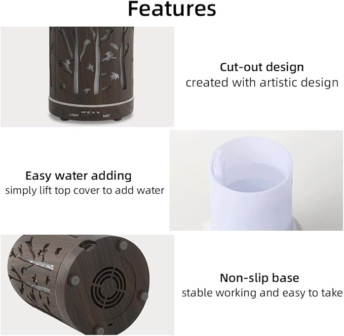 Essential Oil Diffuser,7.1''x3.5'' Air Diffusers with 3 Aromatherapy Oils Set,Small 200ml Humidifier with 7 LED Colors Lights,Waterless Auto-Off for Desk Office Home Decor Gift(Tree Dark Wood Grain) - Image 7