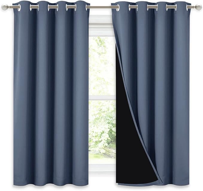 NICETOWN Noise Reducing 100% Blackout Curtains with Black Liners, Thermal Insulated 2-Layer Drapes, Energy Efficiency Window Draperies for Boy's Room (Stone Blue, 2 Panels, 55-inch W by 57-inch L) by NICETOWN
