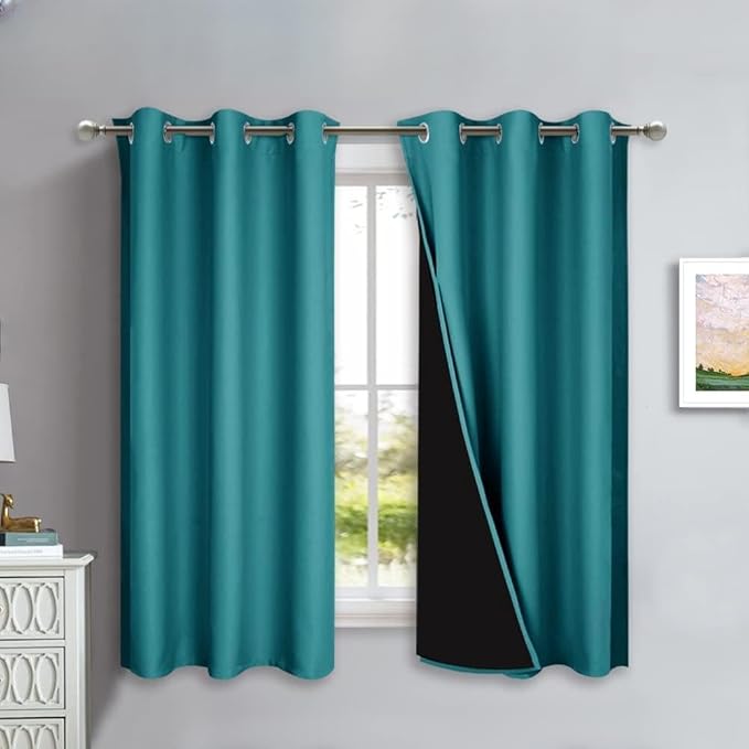 NICETOWN 100% Blackout Short Curtains with Black Liners, 2 Panels, 37" W by 60" L, Peacock Teal, Solid Thermal Insulated Full Blackout 2-Layer Lined Drapes, Energy Efficiency Window Drapes for Bedroom by NICETOWN