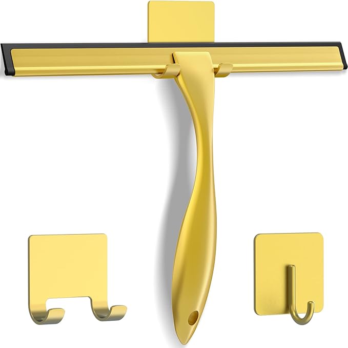 All-Purpose Stainless Steel Shower Squeegee for Shower Doors with 2 Adhesive Hooks, Bathroom Cleaner Tool Household Window Mirror Squeegee for Home Cleaning, Glass Door, Tile Wall, Car, 12 Inch Golden by Docrok
