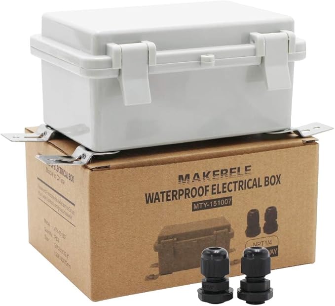 MAKERELE Outside Small Outdoor Junction Box Waterproof Electrical with Lock and Wall Bracket 5.9" 3.9" 2.8" (15010070mm) Hinged Cover Grey Plastic Clip Project ABS Plastic Case with 2 NPT 1/4” Glands by MAKERELE