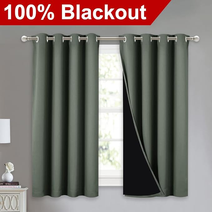 NICETOWN 100% Blackout Curtains 54 inches Long, Double-Deck Completely Blackout Window Treatment Thermal Insulated Lined Drapes for Small Window (Dark Mallard, 1 Pair, 52 inches Width Each Panel) - Image 2
