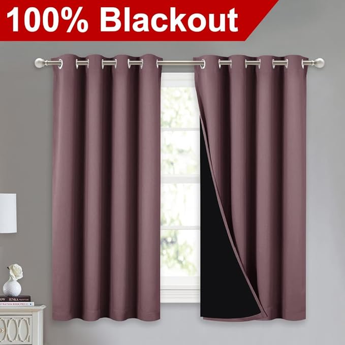 NICETOWN 100% Blackout Curtains 54 inches Long, Double-Deck Completely Blackout Window Treatment Thermal Insulated Lined Drapes for Small Window (Dry Rose, 1 Pair, 52 inches Width Each Panel) - Image 2