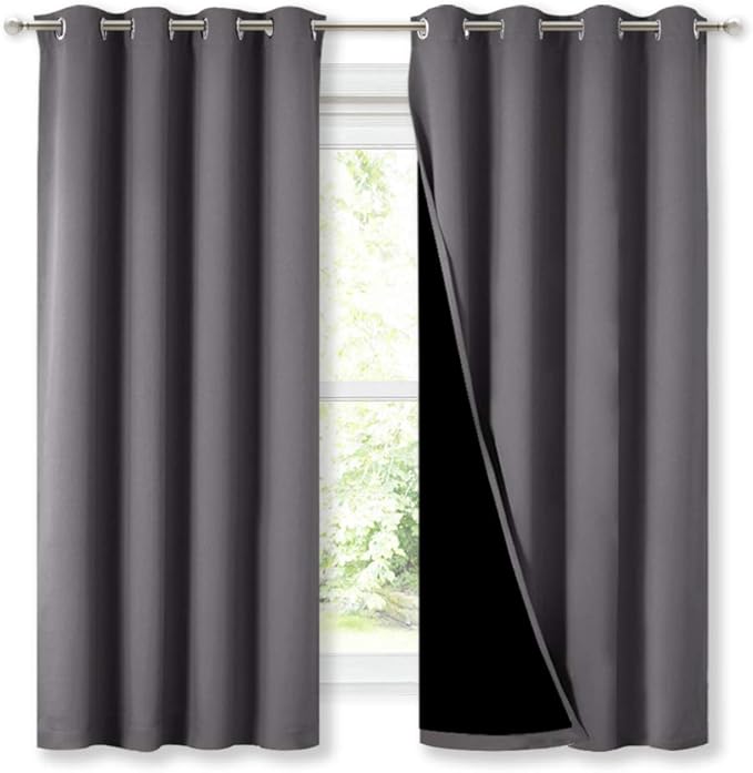 NICETOWN 100% Blackout Curtains with Black Liners, Thermal Insulated Full Blackout 2-Layer Lined Drapes, Energy Efficiency Window Draperies for Bedroom (Grey, 2 Panels, 52-inch W by 63-inch L) by NICETOWN