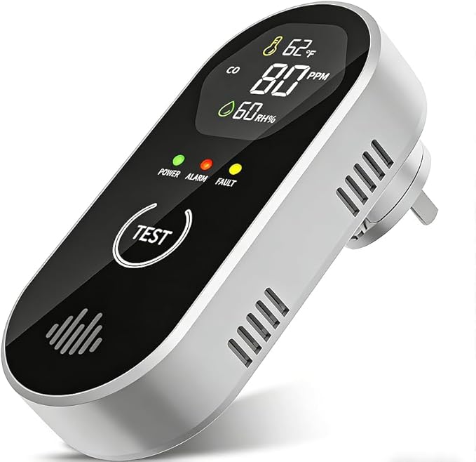 3-in-1 Plug-in CO Alarm with LCD, Tracks Temp & Humidity, 85dB Loud, Portable for Home Use, RV, Camper, Travel by COCHYSCELA