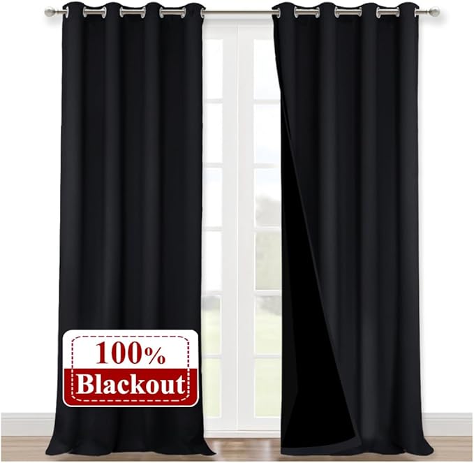 NICETOWN Extra Long Truly Blackout Drapes for Hall and Villa, 52-inch Width Each Panel, 120-inch Length, Black, 2 Pieces, 100% Blackout Window Curtain Panels with Black Lined for Night Shift Worker by NICETOWN
