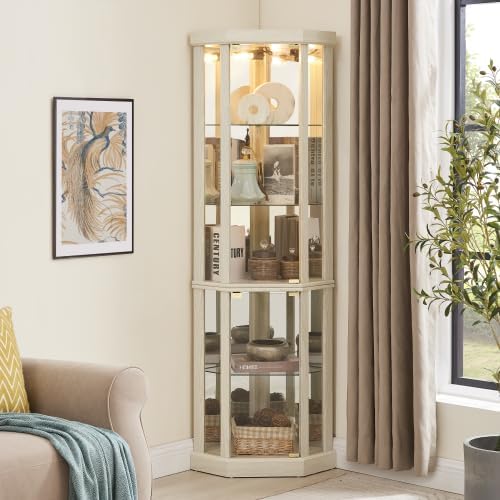 Elegant Corner Curio Cabinet with Lights & Tempered Glass Door, Wooden Display Cabinet with 4 Adjustable Glass Shelves & Mirrored Back for Living Room, Dining Room, Office (White) by ALYIAMXL