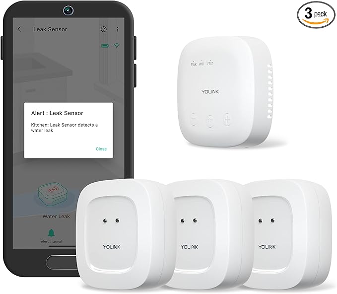 YoLink SpeakerHub & Three Water Leak Sensors Starter Kit – Plays Tones/Sounds, Spoken Messages, LoRa-Powered ¼ Mile Range, App Alert, Emails, SMS/Text, IFTTT by YoLink
