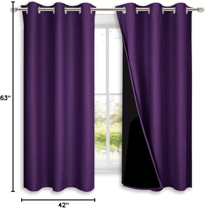 NICETOWN Room Warming 100% Blackout Curtain Panels, Black Liner Curtains for Kitchen Room, Noise Reducing and Cold Blocking Drapes for Windows (Set of 2, Royal Purple, 42-inch Wide by 63-inch Long) - Image 9
