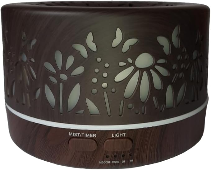 Wild Essentials 700ml Designer Large Room Essential Oil Diffuser, 5 in 1 Ultrasonic Aromatherapy Vaporizer Cool Mist Humidifier, Home, Office Bedroom, Timer, Auto-Off, 7 Color LED (Dark Wood Flowers) by WildEssentials