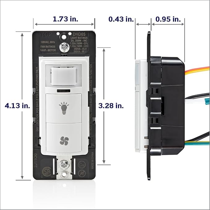 Leviton Dual Combination Humidity Sensor with Separate Light Switch, Automate Bathroom Exhaust Fan, Air Circulation, Moisture Control, Single Pole/Single Pole, ¼ HP, DHD05-1LW, White - Image 12