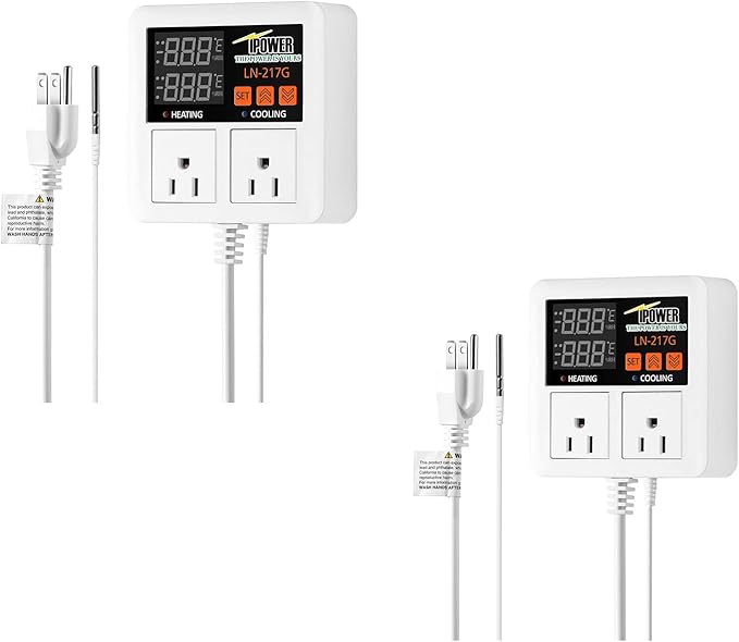 iPower Temperature Controller 1200W 10A Dual Digital Outlet Thermostat Plug, Pre-Wired, 2 Stage Heating and Cooling Mode, Fermentation BBQ Reptile Aquarium, 2 Pack by iPower