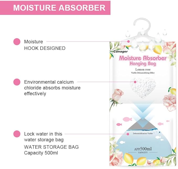 CANAGER Hanging Moisture Absorber, Lemon Rose Moistureproof Hanging Bag，Dehumidifier Bag (8 packs) Hanging Closet Dehumidifier Bags, Moisture Absorb 12.5 oz - Image 3